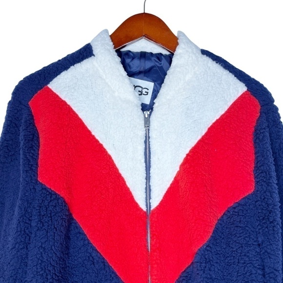 Ugg NWT Annalise Plush Teddy Zip Front Chevron Jacket Size Large in Retro Blue - Picture 3 of 16